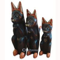 Wooden Cat Set Of 3 With Painted, Hand Carved From Albesia Wood