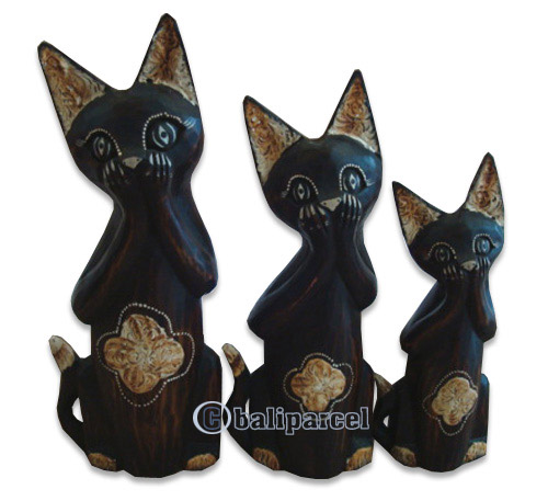 Wooden Cat Set Of 3 With Painted, Hand Carved From Albesia Wood