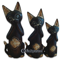 Wooden Cat Set Of 3 With Painted, Hand Carved From Albesia Wood