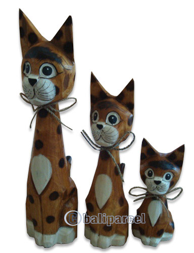 Wooden Cat Set Of 3 With Painted, Hand Carved From Albesia Wood