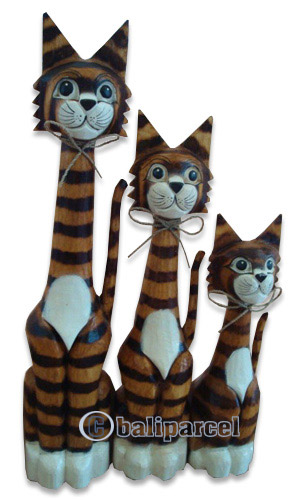 Wooden Cat Set Of 3 With Painted, Hand Carved From Albesia Wood