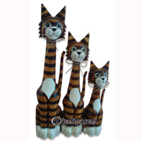 Wooden Cat Set Of 3 With Painted, Hand Carved From Albesia Wood