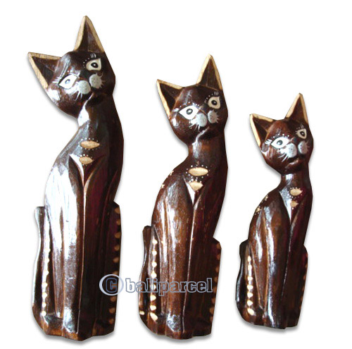 Wooden Cat Set Of 3 With Painted, Hand Carved From Albesia Wood