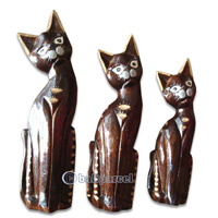 Wooden Cat Set Of 3 With Painted, Hand Carved From Albesia Wood
