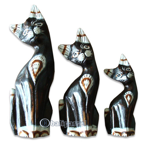 Wooden Cat Set Of 3 With Painted, Hand Carved From Albesia Wood