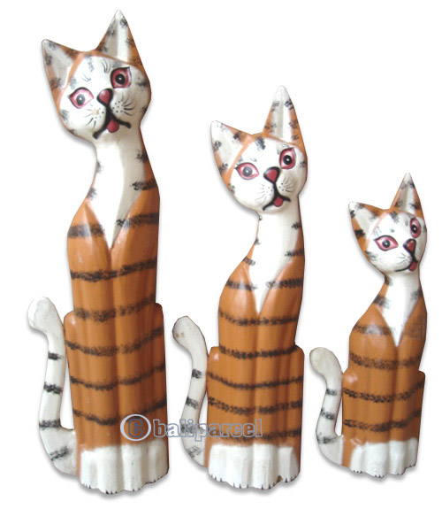 Wooden Cat Set Of 3 With Painted, Hand Carved From Albesia Wood