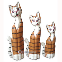Wooden Cat Set Of 3 With Painted, Hand Carved From Albesia Wood