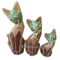 Wooden Cat Set Of 3 With Painted, Hand Carved From Albesia Wood