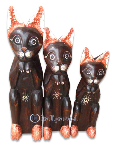Wooden Cat Set Of 3 With Painted, Hand Carved From Albesia Wood