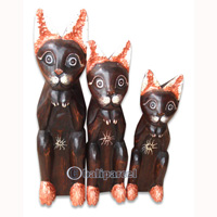 Wooden Cat Set Of 3 With Painted, Hand Carved From Albesia Wood
