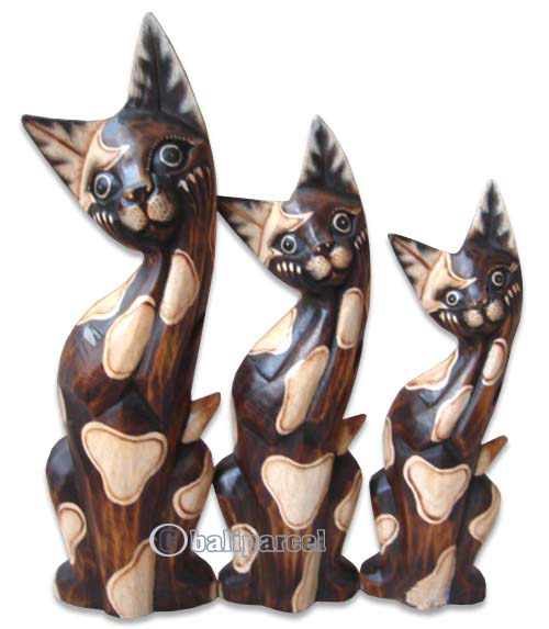 Wooden Cat Set Of 3 With Painted, Hand Carved From Albesia Wood
