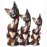 Wooden Cat Set Of 3 With Painted, Hand Carved From Albesia Wood