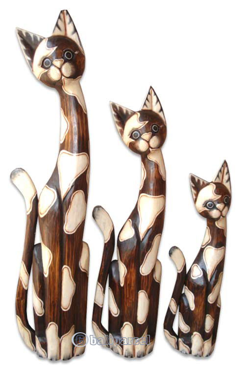 Wooden Cat Set Of 3 With Painted, Hand Carved From Albesia Wood