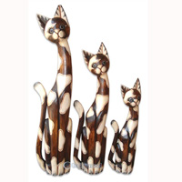 Wooden Cat Set Of 3 With Painted, Hand Carved From Albesia Wood