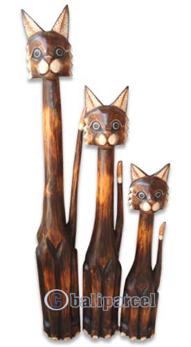 Wooden Cat Set Of 3 With Painted, Hand Carved From Albesia Wood