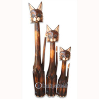 Wooden Cat Set Of 3 With Painted, Hand Carved From Albesia Wood