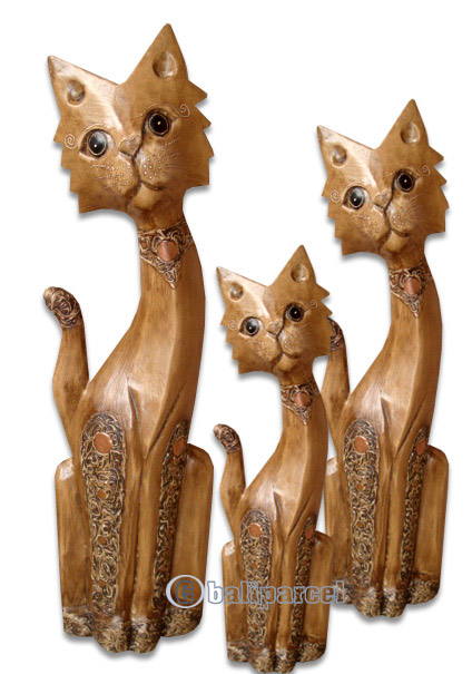 Wooden Cat Set Of 3 With Painted, Hand Carved From Albesia Wood