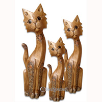 Wooden Cat Set Of 3 With Painted, Hand Carved From Albesia Wood