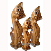 Wooden Cat Set Of 3 With Painted, Hand Carved From Albesia Wood