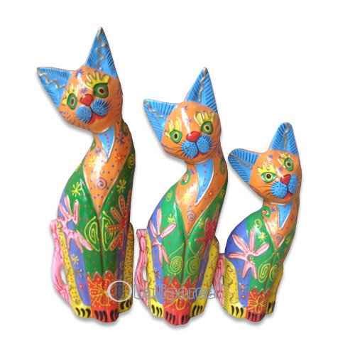 Wooden Cat Set Of 3 With Painted, Hand Carved From Albesia Wood