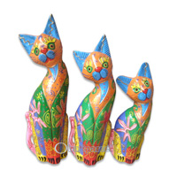Wooden Cat Set Of 3 With Painted, Hand Carved From Albesia Wood