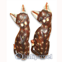 Wooden Cat Set Of 3 With Painted, Hand Carved From Albesia Wood
