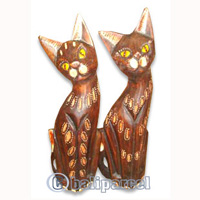Wooden Cat Set Of 3 With Painted, Hand Carved From Albesia Wood