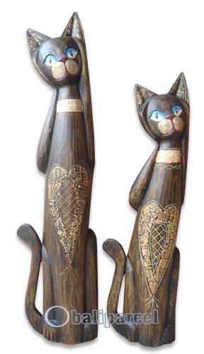 Wooden Cat Set Of 3 With Painted, Hand Carved From Albesia Wood