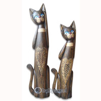 Wooden Cat Set Of 3 With Painted, Hand Carved From Albesia Wood