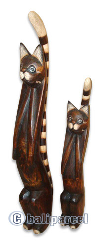 Wooden Cat Set Of 3 With Painted, Hand Carved From Albesia Wood