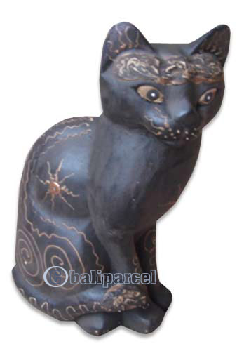 Wooden Cat With Painted, Hand Carved From Albesia Wood