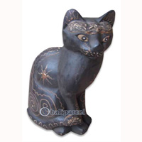 Wooden Cat With Painted, Hand Carved From Albesia Wood