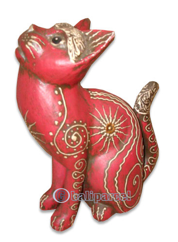 Wooden Cat With Painted, Hand Carved From Albesia Wood