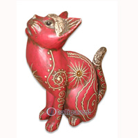 Wooden Cat With Painted, Hand Carved From Albesia Wood