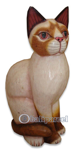 Wooden Cat With Painted, Hand Carved From Albesia Wood