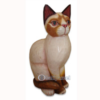 Wooden Cat With Painted, Hand Carved From Albesia Wood