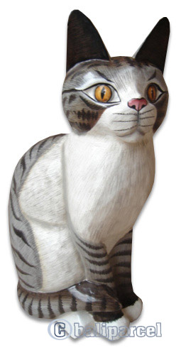 Wooden Cat With Painted, Hand Carved From Albesia Wood
