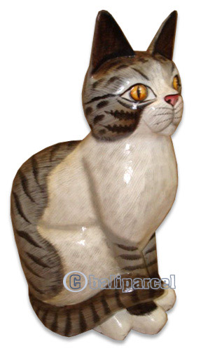 Wooden Cat With Painted, Hand Carved From Albesia Wood