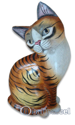 Wooden Cat With Painted, Hand Carved From Albesia Wood