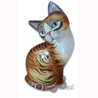 Wooden Cat With Painted, Hand Carved From Albesia Wood