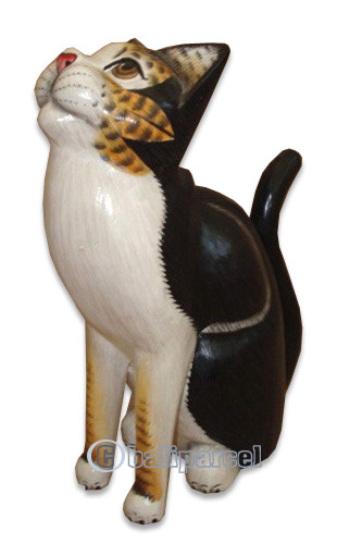 Wooden Cat With Painted, Hand Carved From Albesia Wood