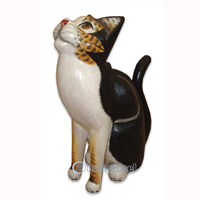 Wooden Cat With Painted, Hand Carved From Albesia Wood