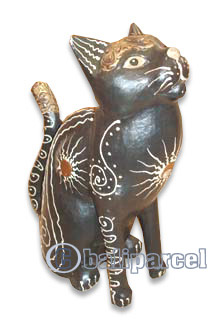 Wooden Cat With Painted, Hand Carved From Albesia Wood