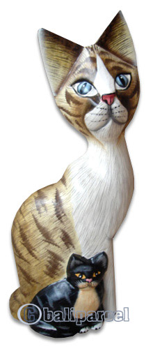 Wooden Cat With Painted, Hand Carved From Albesia Wood