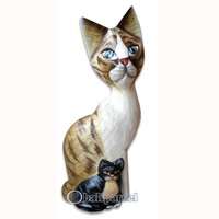 Wooden Cat With Painted, Hand Carved From Albesia Wood