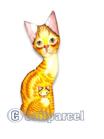 Wooden Cat With Painted, Hand Carved From Albesia Wood