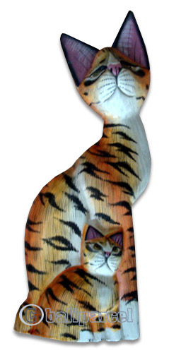 Wooden Cat With Painted, Hand Carved From Albesia Wood