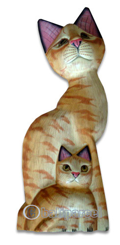 Wooden Cat With Painted, Hand Carved From Albesia Wood