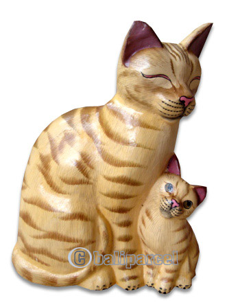 Wooden Cat With Painted, Hand Carved From Albesia Wood