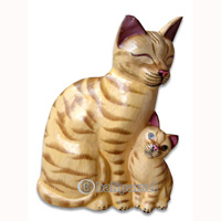 Wooden Cat With Painted, Hand Carved From Albesia Wood